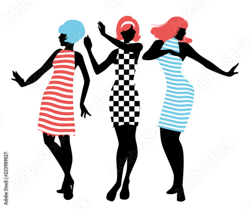 Elegant silhouettes of three girls wearing clothes of the sixties dancing 60s style isolated on white background