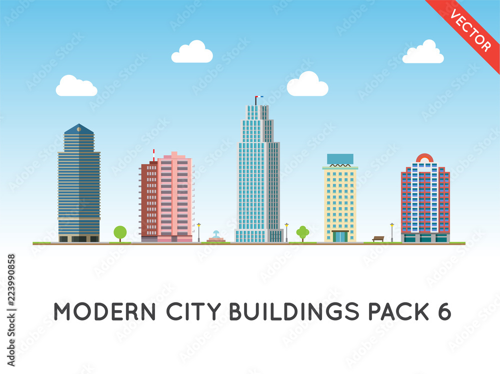 Cityscape Flat Style. City Buildings Vector Illustration, Modern Big Height Skyscrapers Town, Urban Street Landscape