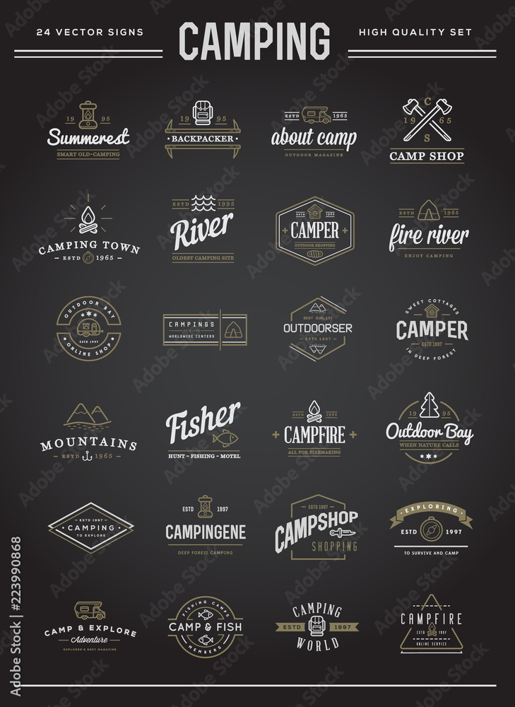 Set of Vector Camping Camp Elements With Fictitious Names and Outdoor Activity Icons Illustration can be used as Logo or Icon in premium quality