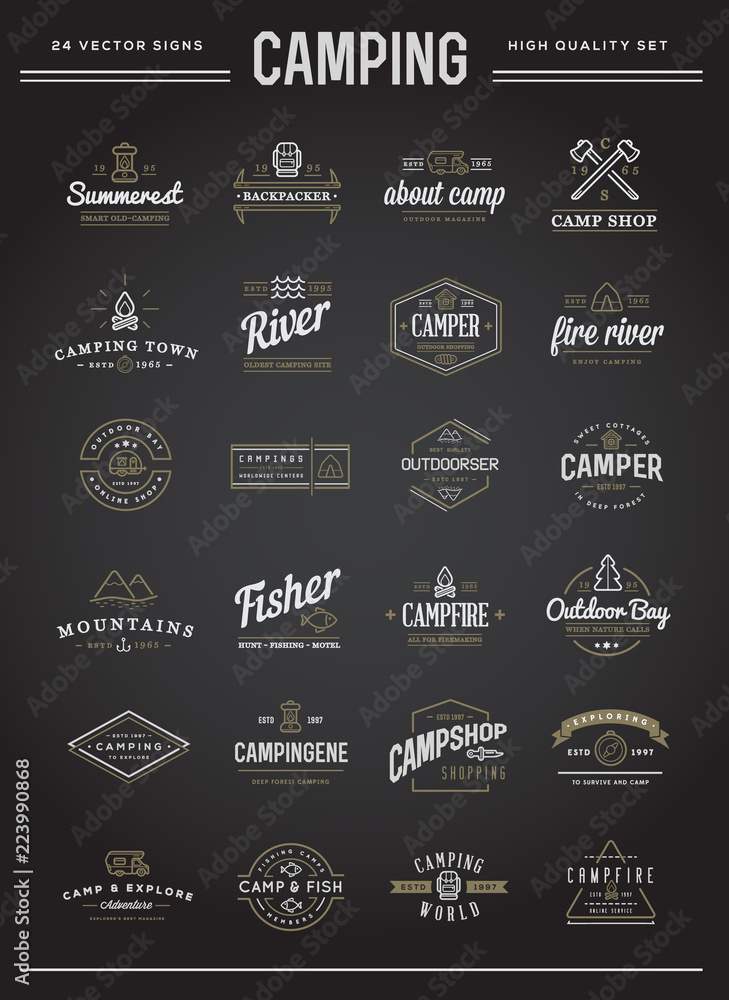 Set of Vector Camping Camp Elements With Fictitious Names and Outdoor Activity Icons Illustration can be used as Logo or Icon in premium quality Set of Vector Camping Camp Elements With Fictitious Names and Outdoor Activity Icons Illustration can be used as Logo or Icon in premium quality