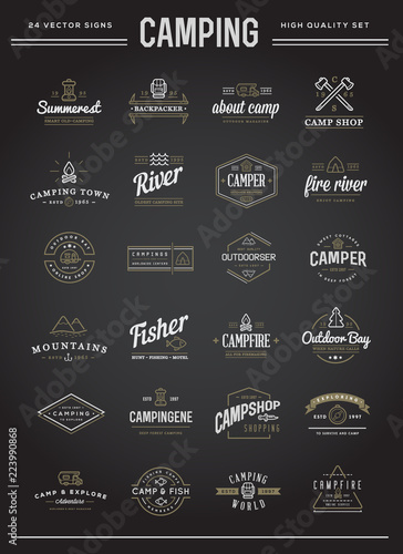 Set of Vector Camping Camp Elements With Fictitious Names and Outdoor Activity Icons Illustration can be used as Logo or Icon in premium quality