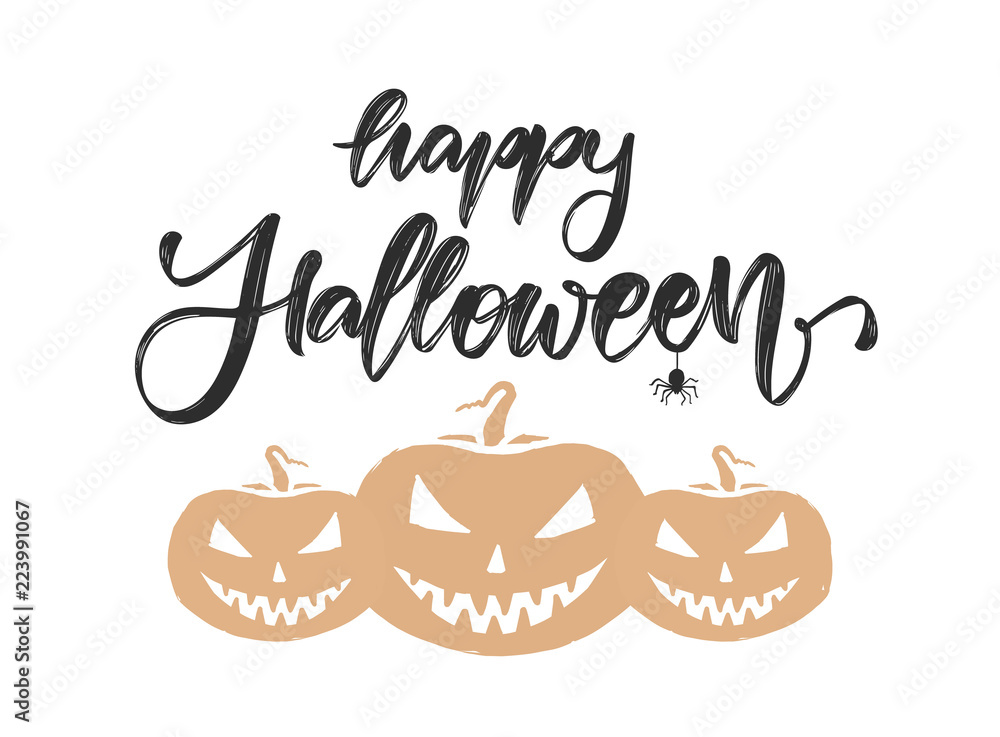 Fototapeta premium Vector Illustration: Handwritten brush type lettering of Happy Halloween. Greeting card with pumpkins