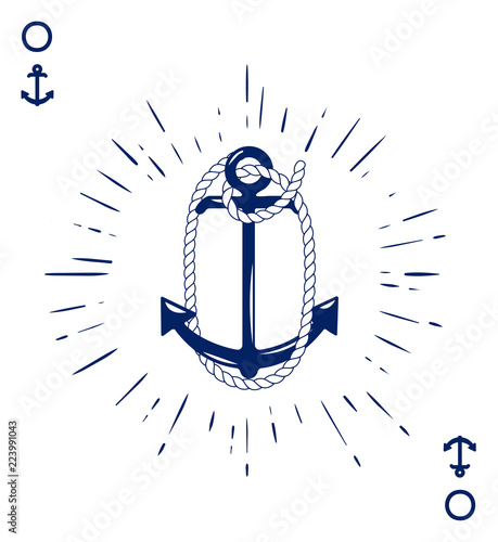 Vintage Label with an Anchor and Letter made of Ship Rope. Apparel t-shirt or Poster Design. Logotype Monogram with Playing Cards Style. Vector illustration.