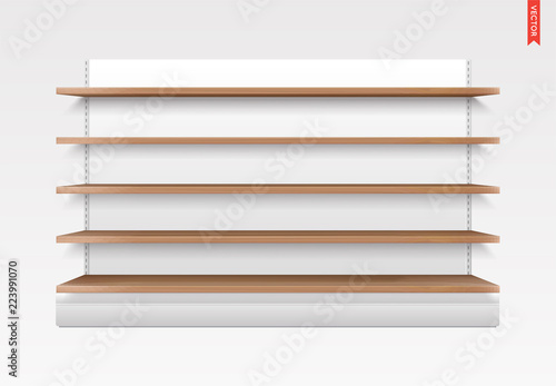 Empty Vector Store Shelves. Wood Material. Showcase Display. Retail Shelf Rack with Back.