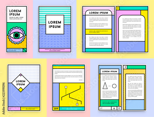 Big Set of Visual identity in Trendy New Fat Line Style Geometric Design in Retro Style with Fresh Old School Colours with Fictitious names and text