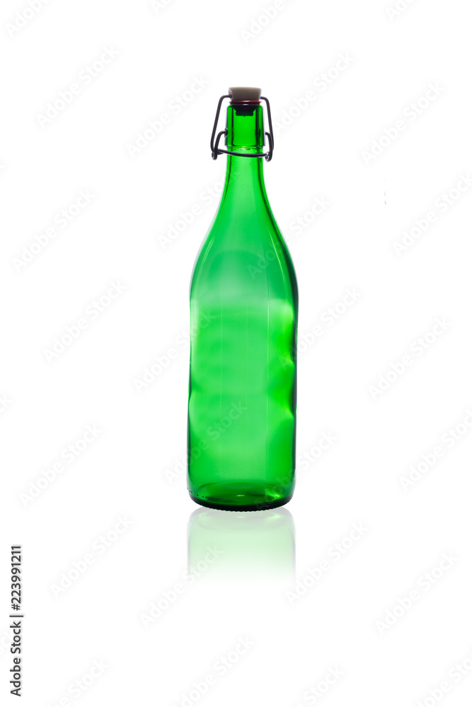 Empty green wine bottle isolated and its reflection on white background Empty green wine bottle isolated and its reflection on white background
