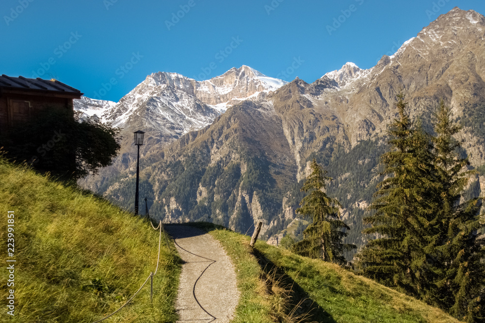 Obraz premium Grachen on a clear autumn day (Valais, Switzerland). The village is situated at an altitude of 1,620 meters on a terrace above St. Niklaus in the Mattertal, north of the Mischabel range (and Dom).