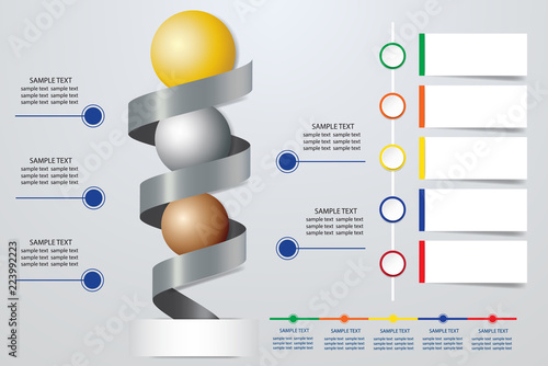 Infographic presentation of metal spiral with gold, silver and bronze balls showing five steps of process and timeline. You can use free place for your text.