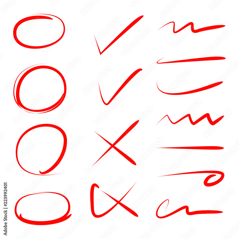 check mark, red circle marker, highlighter check mark, red circle marker, highlighter
