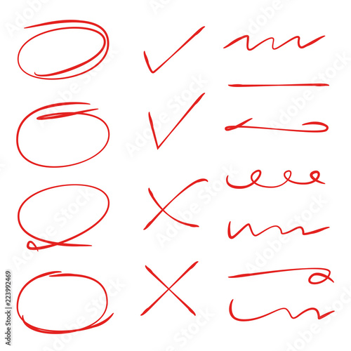 check mark, red circle marker, highlighter