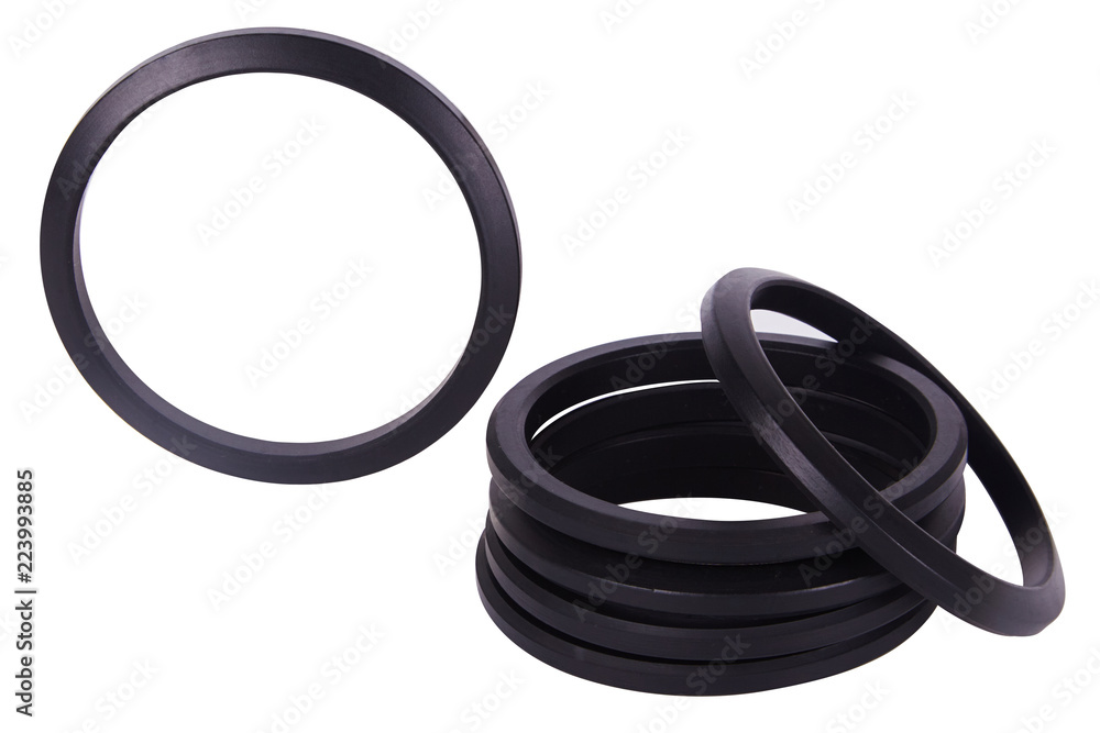 Set of black gaskets isolaled on white background. Oil seals for hydraulic cylinders for Industrial on white background. Oil Seals chemical resistant Set of black gaskets isolaled on white background. Oil seals for hydraulic cylinders for Industrial on white background. Oil Seals chemical resistant