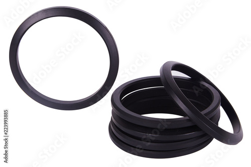 Set of black gaskets isolaled on white background. Oil seals for hydraulic cylinders for Industrial on white background. Oil Seals chemical resistant 
