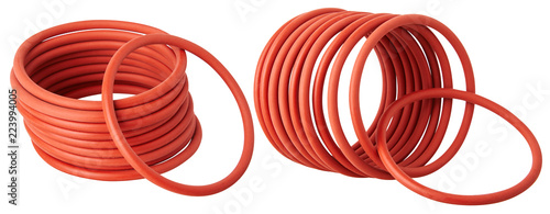 Set of orange hydraulic and pneumatic o-ring seals isolated on a white background. Rubber rings. Sealing gaskets for hydraulic joints. Rubber sealing rings for plumbing.  photo