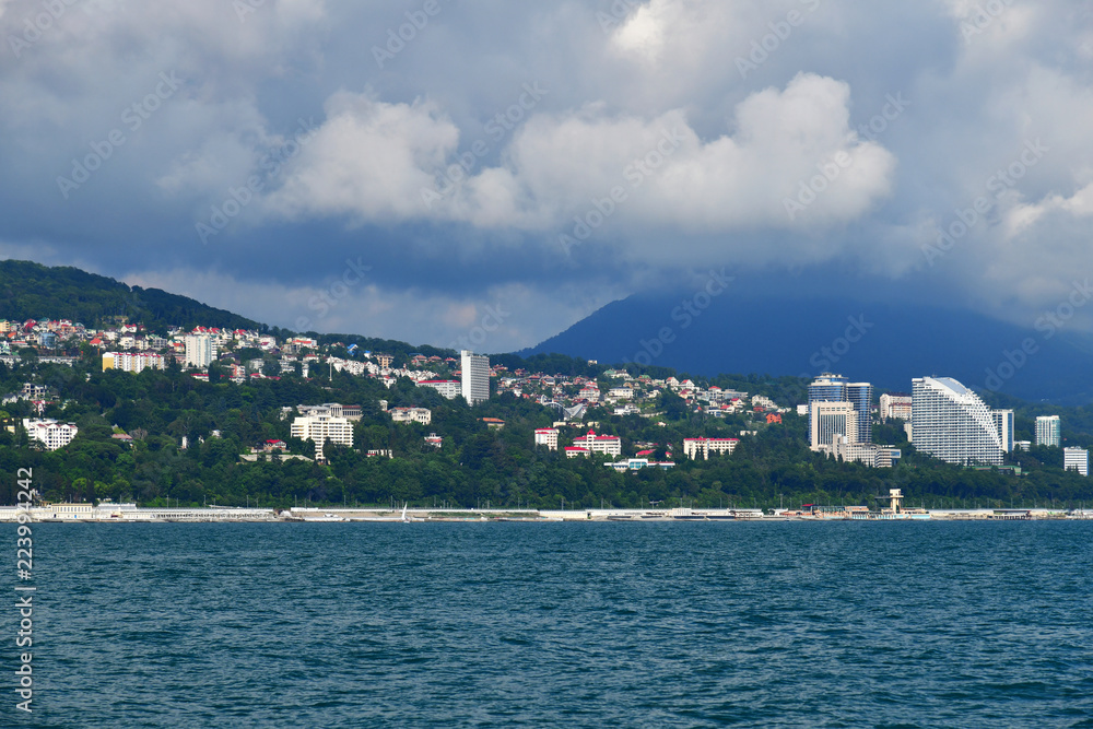 view of city from sea side in Sochi, Russia
