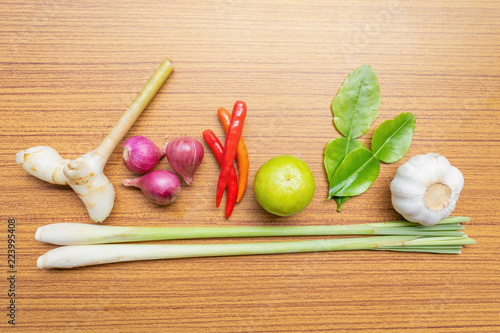Set of ingredients herbs of spicy Tom Yam, The most popular Thai soup