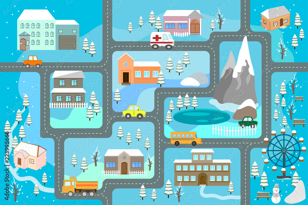 Winter сartoon map seamless pattern (roads, cars and houses). City map for children. Snowy city landscape, car track -  play mat. 