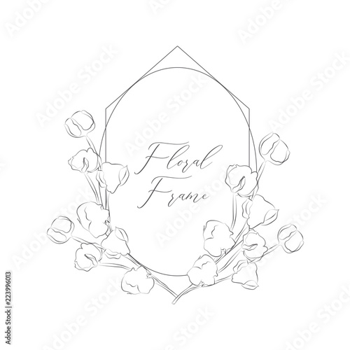 Vector Delicate Floristic Geometric Frame, Cotton Flowers