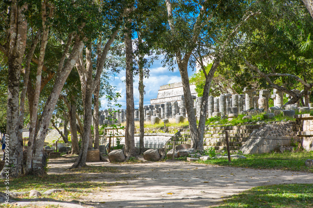 Mexico, Cancun - February 15, 2018: Chichen Itzá, Yucatán. Ruins of the Warriors temple. Originally created with One Thousand columns Mexico, Cancun - February 15, 2018: Chichen Itzá, Yucatán. Ruins of the Warriors temple. Originally created with One Thousand columns