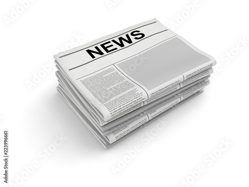 Stack of newspaper on white background. Blank newspaper. 3D rendering
