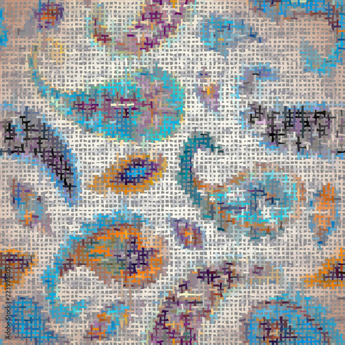 Seamless background pattern. Imitation of a texture of rough canvas painted with paisley.