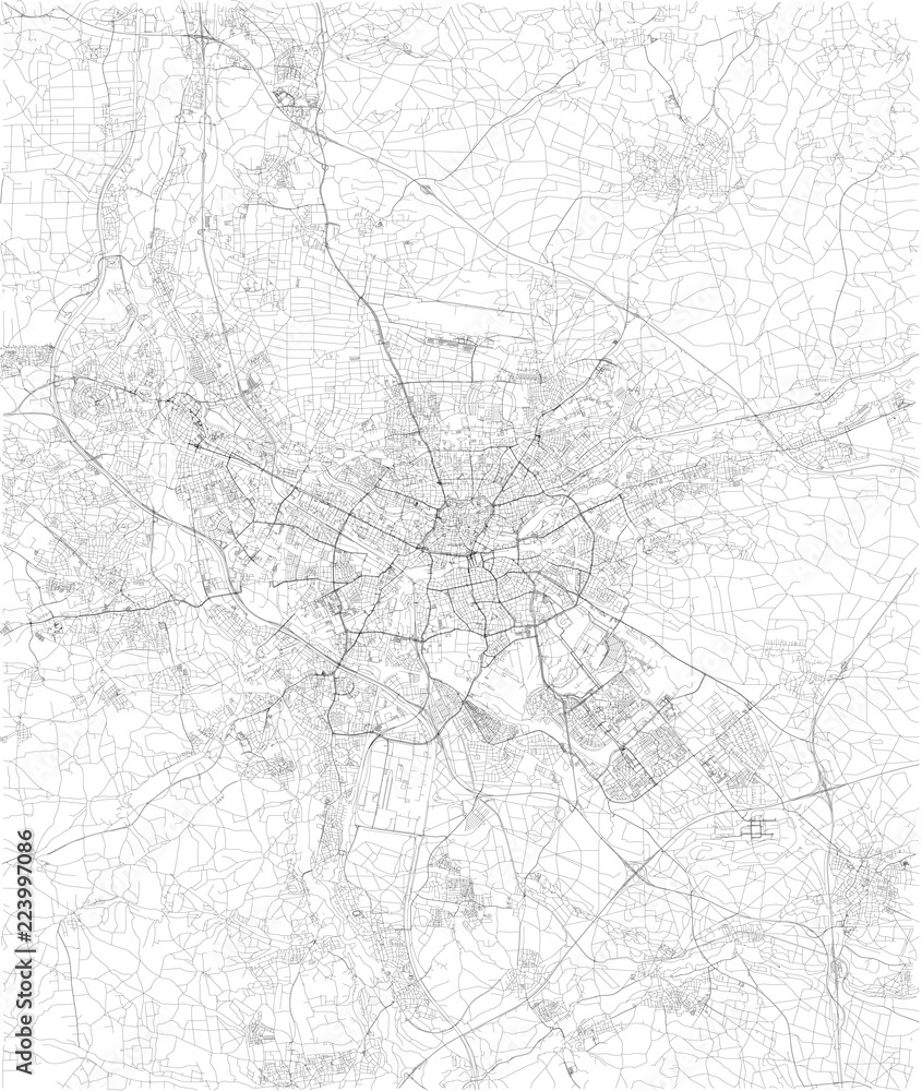 Cartina di Norimberga, vista satellitare, mappa in bianco e nero. Stradario e mappa della città. Germania