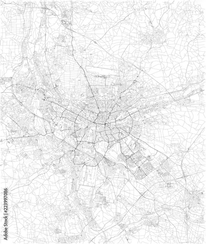 Cartina di Norimberga, vista satellitare, mappa in bianco e nero. Stradario e mappa della città. Germania