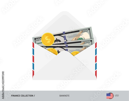 100 US Dollar Banknote. Flat style opened envelope with cash. Dollar banknotes and coins. Salary payout or corruption concept.
