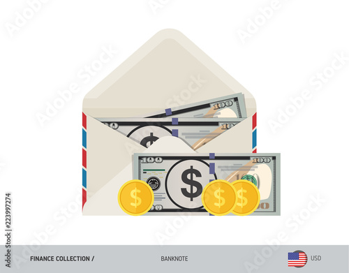 100 US Dollar Banknote. Flat style opened envelope with cash. Dollar banknotes and coins. Salary payout or corruption concept.