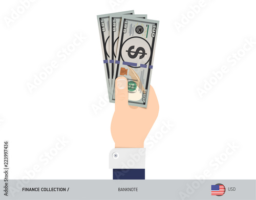 100 US Dollar Banknote. Hand gives money. Flat style vector illustration. Salary payout or corruption concept.