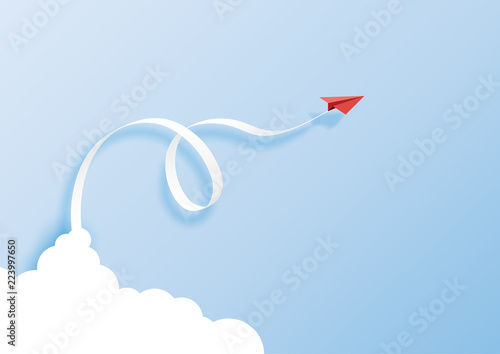 Paper art style of business leadership concept with red paper airplane flying from cloud on blue sky background.Vector illustration.