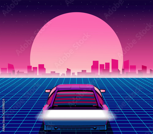 Retro future. 80s style sci-fi background with supercar. Futuristic retro car. Vector retro futuristic synth illustration in 1980s posters style. Suitable for any print design in 80s style