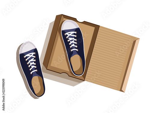 Sneakers in box. Sneakers in a cardboard box. Blue sneakers in box. Blue sneakers in a cardboard box. Flat style. Flat design. Vector illustration Eps10 file