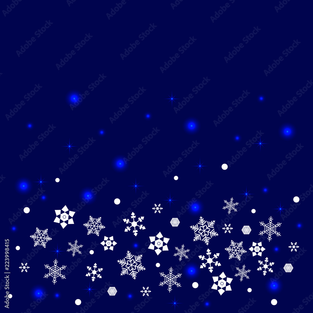 Snowflakes background. 5 forms, stars, lights. White elements, dark blue background. Place for your text
