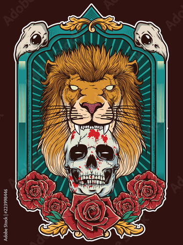 lion illustration with skull and heraldic frame background