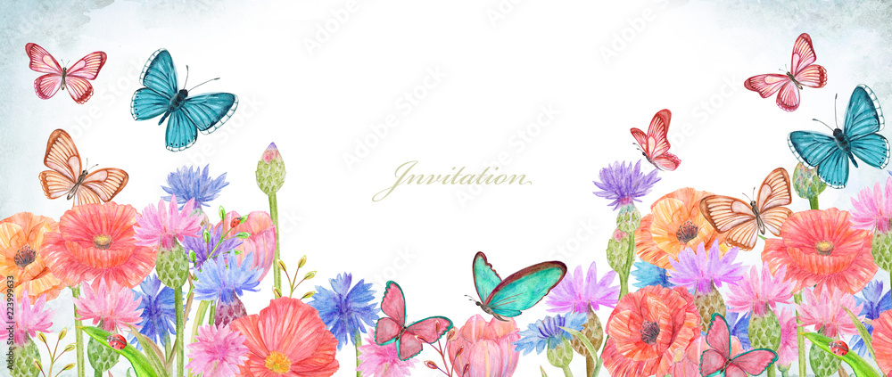 Fototapeta premium invitation banner with lovely summer flowers. watercolor painting