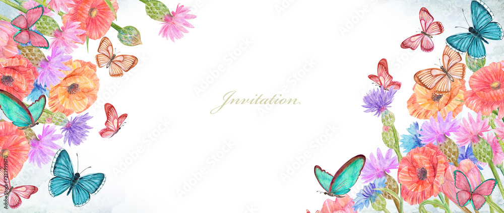 Naklejka premium banner with lovely summer flowers and butterflies. watercolor painting