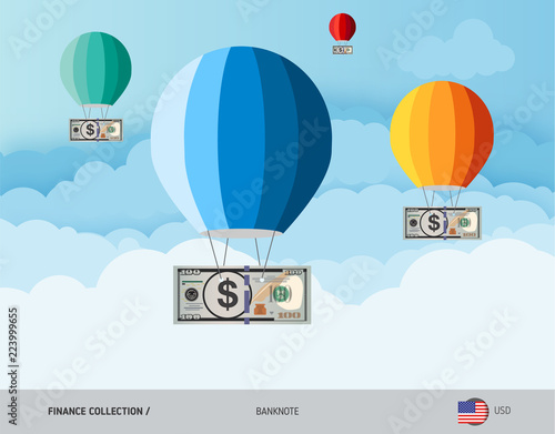 Hot air balloons with 100 US Dollar Banknotes. Flat style vector illustration. Finance concept.