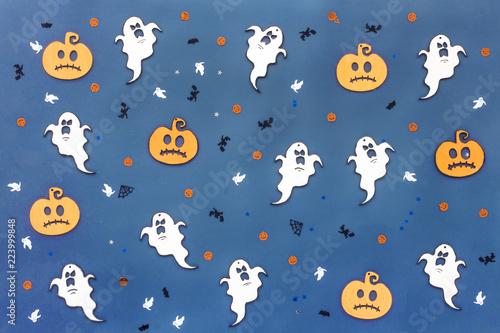 Halloween decorations on white background, flat lay, top view