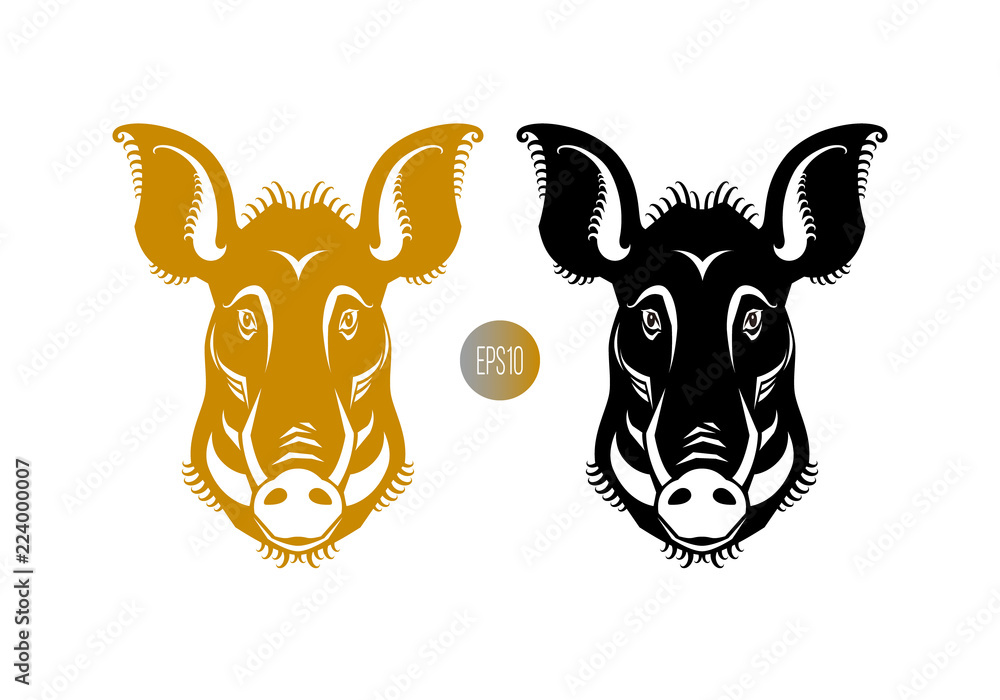 Φωτογραφία Color and black graphic detailed drawing of silhouette of smiling head of wild animal - forest boar, symbol of New Year 2019