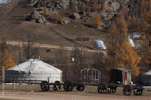 mongolia, terelji national park, ger, wagon, landscape, mountain photo