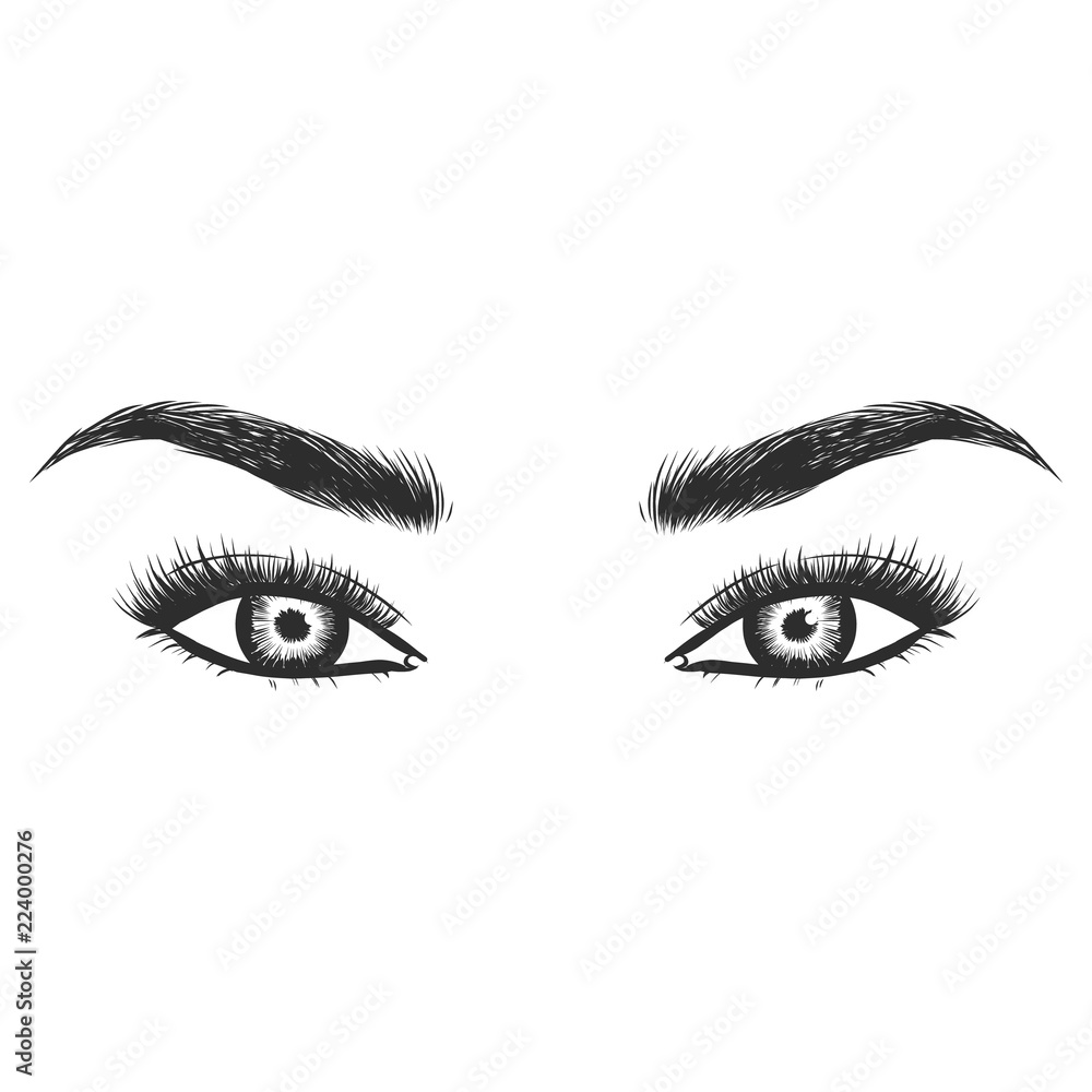 Beauty lash and brow studio logo. Typography poster. Eye, eyebrow and long eyelashes. Vector illustration for gift card. Black on white background. For beauty salon, lash extensions maker, brow master