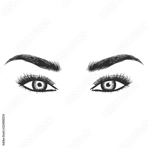 Beauty lash and brow studio logo. Typography poster. Eye, eyebrow and long eyelashes. Vector illustration for gift card. Black on white background. For beauty salon, lash extensions maker, brow master