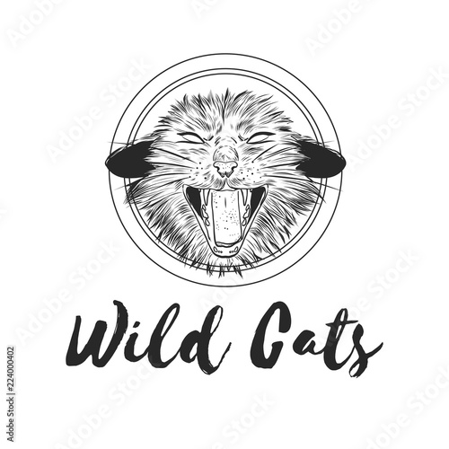Fashion Vector illustration. Design and print for T-shirts on the theme of the struggle for animal rights, Wild Power. T-shirt for vegans. A furious cat in the style of ink. Animal liberation logo