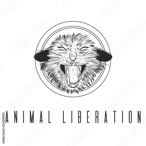 Fashion Vector illustration. Design and print for T-shirts on the theme of the struggle for animal rights, Wild Power. T-shirt for vegans. A furious cat in the style of ink. Animal liberation logo