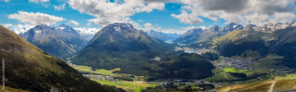 Panoramic view from Muottas Muragl (Engadin, Switzerland), in the Swiss canton of Graubunden. It overlooks Engadin, between the towns of Samedan, Pontresina and St. Moritz towards Silvaplana. 