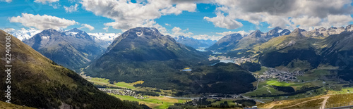 Panoramic view from Muottas Muragl  Engadin  Switzerland   in the Swiss canton of Graubunden. It overlooks Engadin  between the towns of Samedan  Pontresina and St. Moritz towards Silvaplana. 