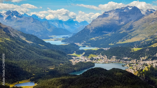 Panoramic view from Muottas Muragl (Engadin, Switzerland), in the Swiss canton of Graubunden. It overlooks Engadin, between the towns of Samedan, Pontresina and St. Moritz towards Silvaplana. 