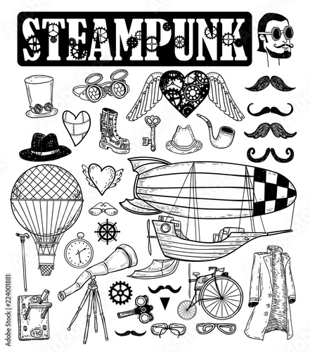 Steampunk collection, hand drawn vector illustration.