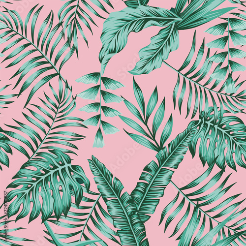 Tropical plants green colors seamless pink background
