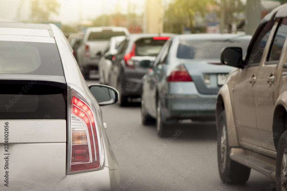 Fototapeta premium Car break on the road.Traffic jam with Cars runs in rush hour at Rayong Thailand.